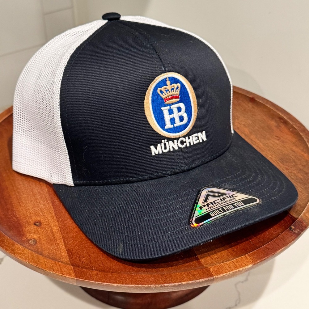 Hofbrauhaus Munchen Trucker Hat Pacific Headwear 104C Navy White HB Munich Cap